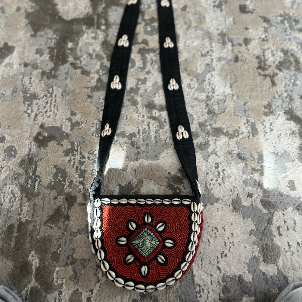 Embroidered Black and Red Beaded with Cowry Shells Women's Bag